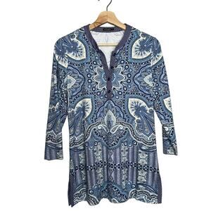 J. McLaughlin Catalina Cloth Blue Paisley Geometric Tunic Top 3/4 Sleeve Small
